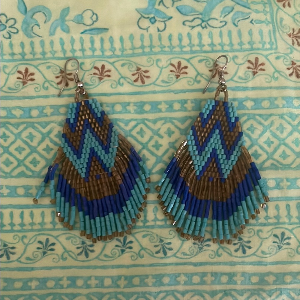 Blue and Brown Beaded Earrings